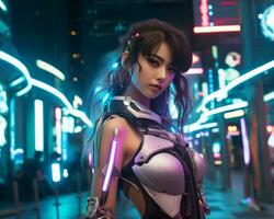 een foto van een meisje in een neon-verlicht cyberpunk kleding in een futuristische stadsgezicht Bij nacht ai generatief
