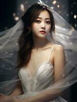 ai generatief mooi Aziatisch meisje vervelend aantrekkingskracht wit jurk foto