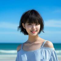 mooi Aziatisch meisje genieten van zomer in de strand ai generatief foto