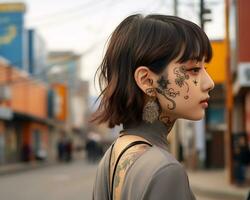 vrolijk Koreaans meisje met tatoeëren glimlachen naar camera ai generatief foto