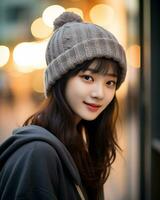 een vrolijk Koreaans meisje vervelend capuchon en breien hoed ai generatief foto