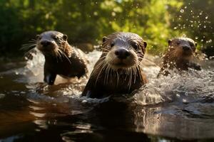 groep van speels otters zwemmen in de rivier- ai generatief foto