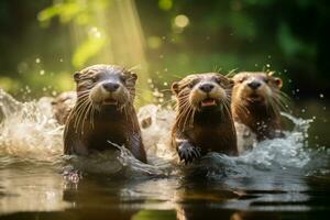 groep van speels otters zwemmen in de rivier- ai generatief foto