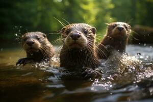 groep van speels otters zwemmen in de rivier- ai generatief foto