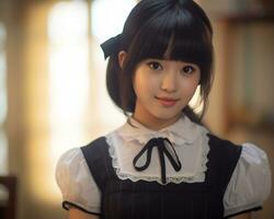 schattig Aziatisch jong meisje gekleed in lolita hulp in de huishouding jurk ai generatief foto