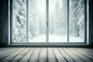 de winter landschap buiten gezien door een rustiek wit venster ai gegenereerd foto