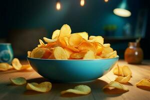 een kom van gouden en knapperig aardappel chips, perfect voor kauwend ai gegenereerd foto