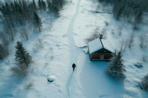 antenne schot van eenzaam figuur in de buurt hutten in besneeuwd Zweden ai gegenereerd foto