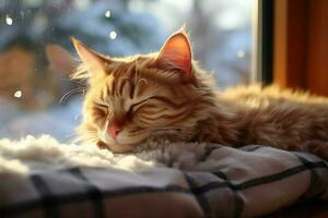 rustig winter moment gember kat snoozed door de comfortabel vensterbank ai gegenereerd foto