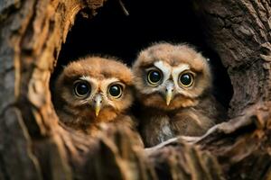 boom gat nest onthult twee nieuwsgierig baby uilen, perfect voor tekst ai gegenereerd foto