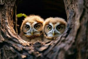 twee aanbiddelijk baby uilen peering van boom nest, met beschikbaar ruimte ai gegenereerd foto