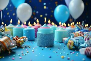 blauw themed verjaardag decoraties doppen, blazers, en kaars highlights ai gegenereerd foto