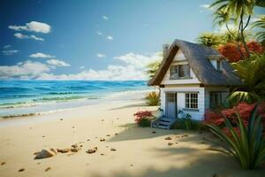 charmant strand huisje nodigt uit kust leven en kust- kalmte ai gegenereerd foto