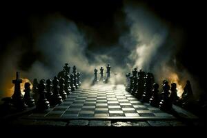 schaakbord symboliseert bedrijf strategie, figuren in rokerig, competitief atmosfeer ai gegenereerd foto