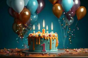 kleurrijk backdrop kaders 1e jaar verjaardag taart, blij geïsoleerd ai gegenereerd foto