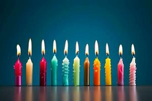 een lijn van verschillend, lit verjaardag kaarsen Aan een geïsoleerd blauw backdrop ai gegenereerd foto
