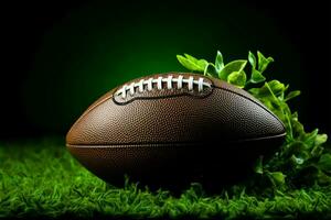 groen gras gastheren een Amerikaans Amerikaans voetbal, opvallend geïsoleerd Aan zwart ai gegenereerd foto