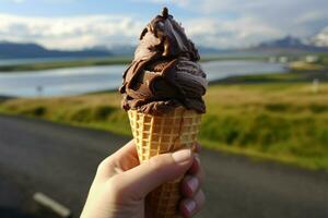 IJslands lekkernij hand- houdt vanille ijs room gedoopt in chocola ai gegenereerd foto