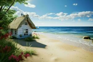 een vreemd aan het strand huisje aanbiedingen een rustig kust ontsnappen ai gegenereerd foto