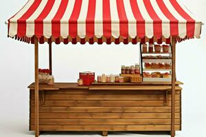 markt kraam met een charmant houten staan en gestreept rood wit luifel ai gegenereerd foto