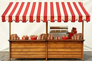 markt kraam met een charmant houten staan en gestreept rood wit luifel ai gegenereerd foto