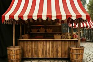 een rustiek markt kraam met een traditioneel rood wit gestreept luifel ai gegenereerd foto