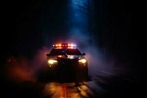 's nachts Politie achtervolging in dik mist, reageren naar een crisis ai gegenereerd foto