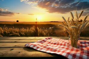 zonsondergang tableau houten bord tafel door een tarwe veld, Scherm klaar ai gegenereerd foto