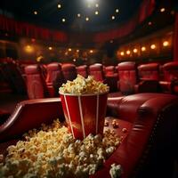 filmische sfeer rood stoelen en popcorn in een 3d weergegeven film theater ai gegenereerd foto