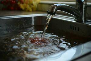 gedetailleerd visie roestvrij staal zinkt afvoer met water en voedsel overblijfselen ai gegenereerd foto