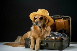 gouden retriever dons hoed, zonnebril, koffer, ticket in studio, wit backdrop ai gegenereerd foto