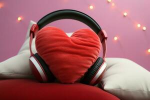 liefde liedjes of podcast concept rood hart hoofdkussen met hoofdtelefoons ai gegenereerd foto