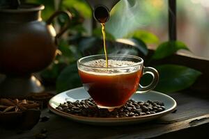 ochtend- koffie, elk type uniek in aroma en smaak, geserveerd ai gegenereerd foto