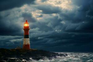 oceanen leidend licht torenhoog vuurtoren verlicht de verduisterd wateren ai gegenereerd foto