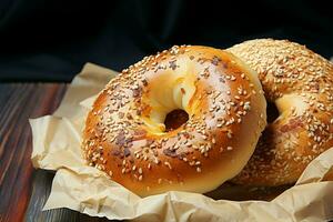 paar- van vers gebakken bagels, een verrukkelijk ontbijt duo ai gegenereerd foto