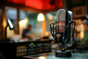 radio stations stem microfoon voor leveren nieuws, muziek, en meer ai gegenereerd foto