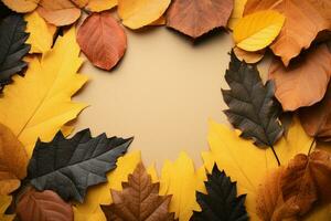 antenne visie van oktober schoonheid bladeren, papier, en tekst ruimte ai gegenereerd foto