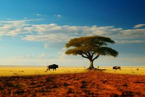 savannes wildebeest in de buurt een eenzaam boom, een iconisch dieren in het wild moment ai gegenereerd foto