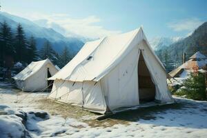 besneeuwd camping wit tenten reeks in een berg toevlucht voor winter ai gegenereerd foto