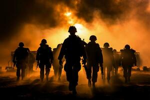 soldaten temidden van rook en vuur, aftekenen tegen een dramatisch zonsondergang ai gegenereerd foto