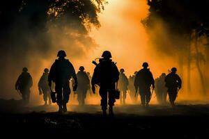 soldaten in silhouet vooruitgaan door mist en rook, aanvallen de vijand ai gegenereerd foto