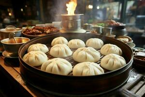 oude Chinese steden culinaire schatten watertanden, smaakvol broodjes ai gegenereerd foto