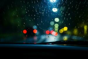 door de voorruit, een auto navigeert de regenachtig nachten mysteries ai gegenereerd foto