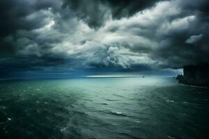 de oceaan in ingetogen licht, gehuld door dik bewolkt wolken ai gegenereerd foto