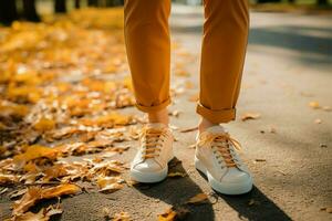 modieus schoenen Aan Scherm net zo een vrouw wandelingen in de park ai gegenereerd foto