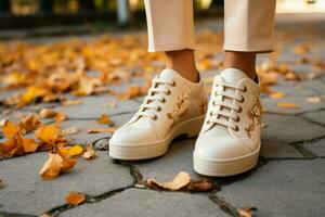 jong dames elegant beige schoenen nemen centrum stadium in herfst ai gegenereerd foto