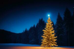 winter schoonheid, Kerstmis boom in nacht Woud, ai gegenereerd foto