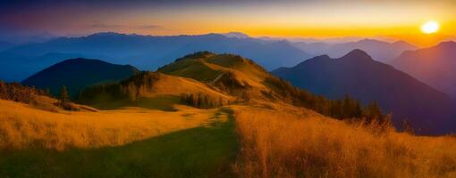 zonsondergang rust, panoramisch berg schoonheid, ai gegenereerd foto