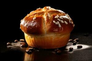 een brood bun met koffie bonen Aan een zwart achtergrond ai gegenereerd foto
