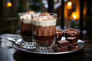 een glas van warm chocola in winter reclame voedsel fotografie foto